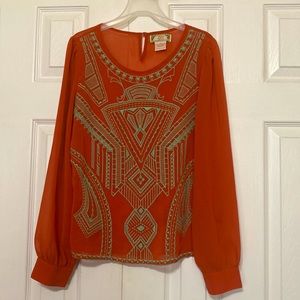 Flying Tomato ladies long sleeve sheer top with Aztec design; size: Medium